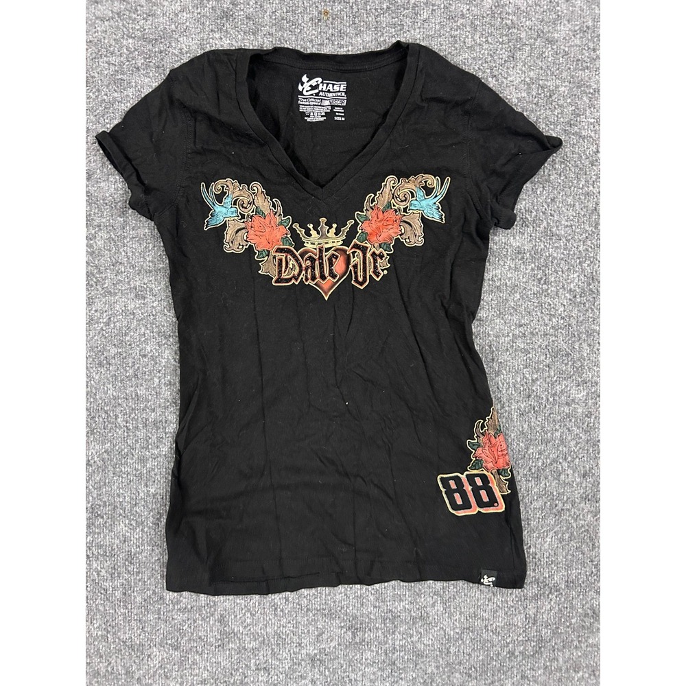 Chase Authentics T-Shirt Womens Size M Black NASCAR Dale Jr Racing V-Neck Tee
